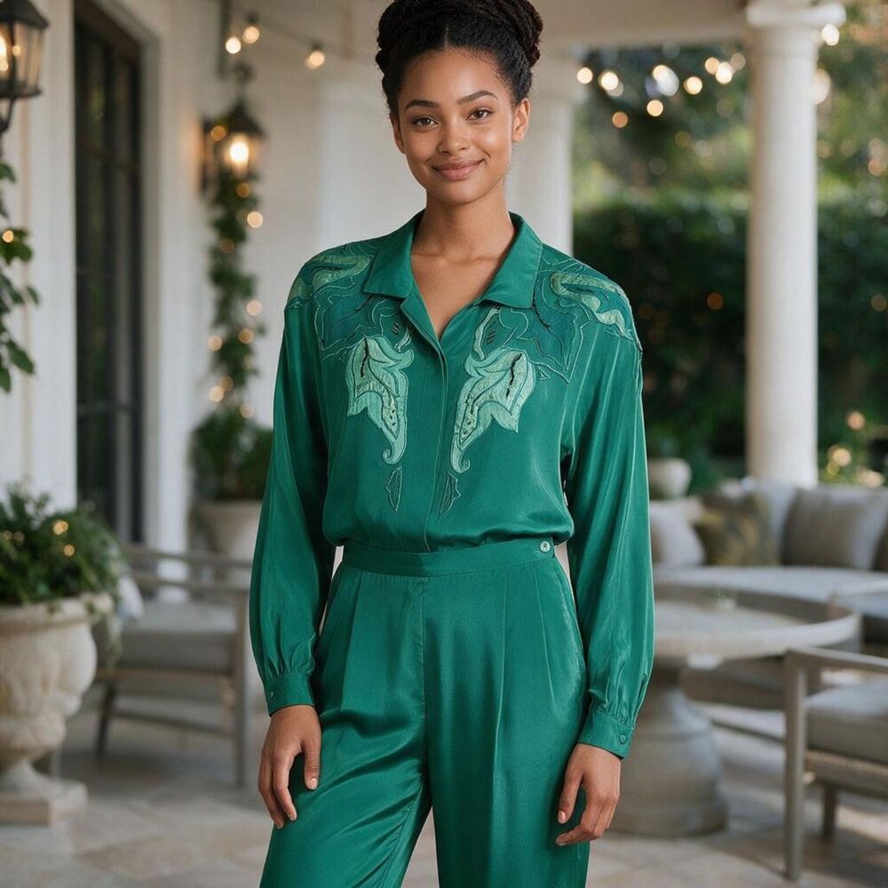 Vintage Sir James Emerald Green 2-Piece Pant Suit Set Beaded Size 12 Seperates